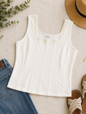 CAbi Ivory Textured Lace Trim Stretch Cropped Tank Top Size XL Cottagecore